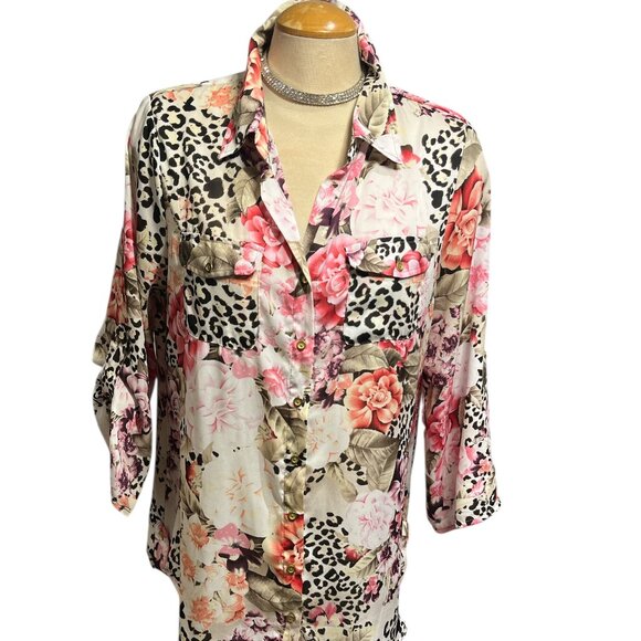 DRESSBARN Blouse Size Large Leopard Print Floral Button Down Long Length Pretty - Picture 2 of 9